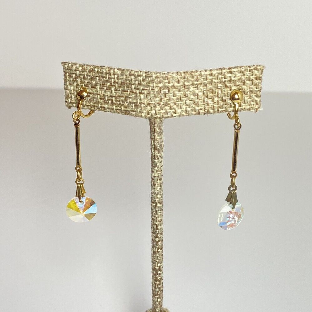 Vintage Crystal Rhinestone‎ Clip On Earrings AB Rivoli Dangling Gold Tone READ